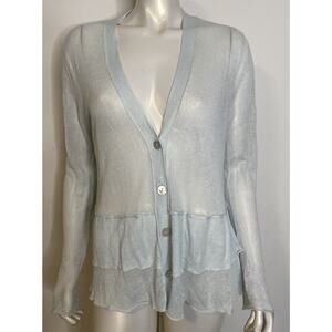 J. Jill Light Blue Linen Blend LS Cardigan Sweater L Sheer Button Front V Neck